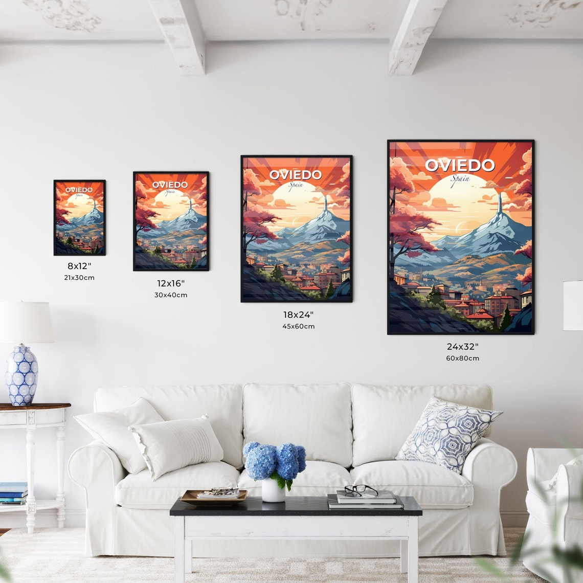 Oviedo Spain Fiery Sunset Mountain City Red Rooftop Travel Poster - Image 3