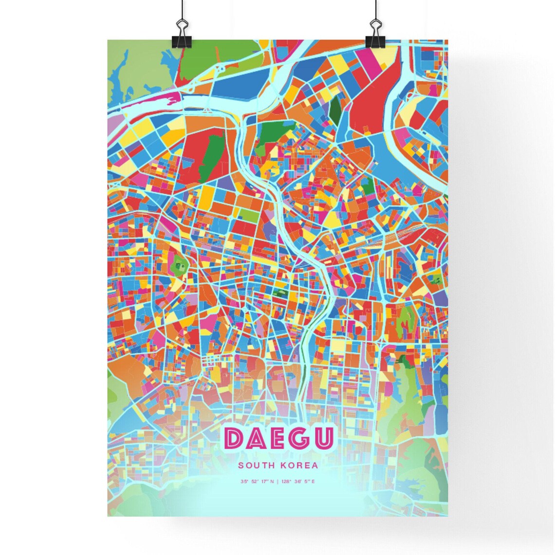 Daegu South Korea Colorful City Map Art Poster in Pink and Turquoise - Image 3