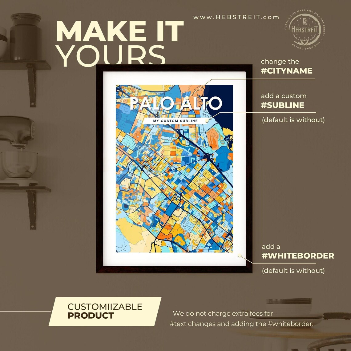 Palo Alto California Colorful Modern City Street Map Travel Decor Poster - Image 2