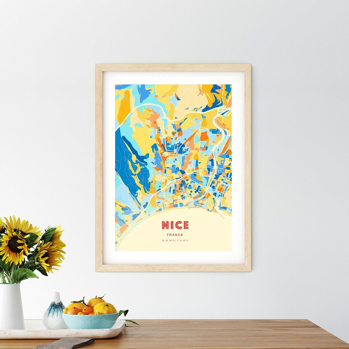 Nice France Blue Orange Sunny Riviera Coastline Map Art Poster - Image 2