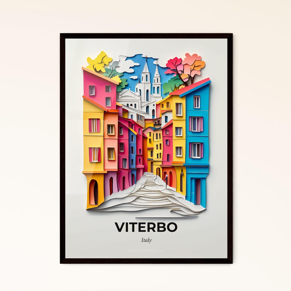 Viterbo Italy Hillside Old Town White Church Paper Cut Poster
