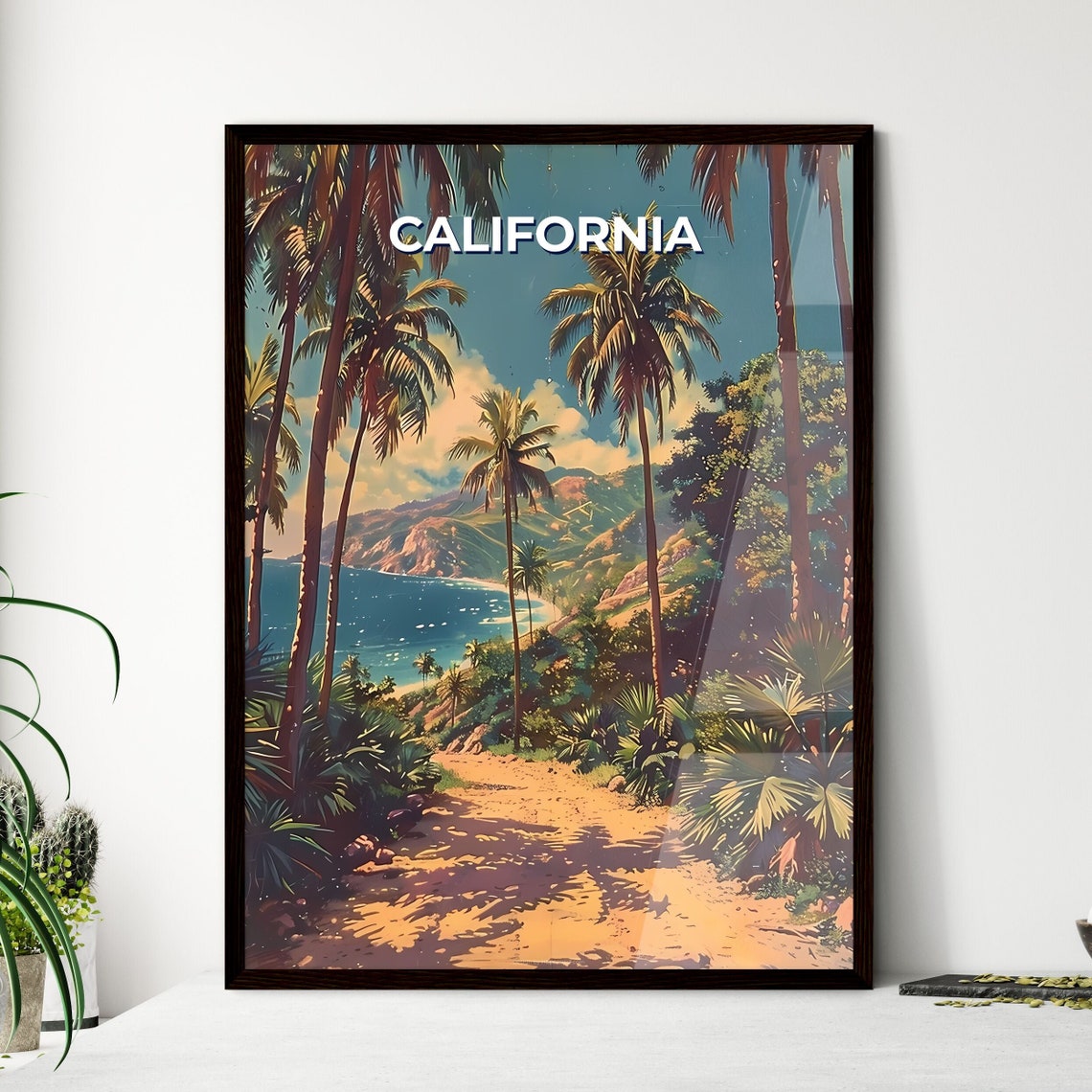 California Tropical Palm Beach Path Retro Coastal Travel Poster