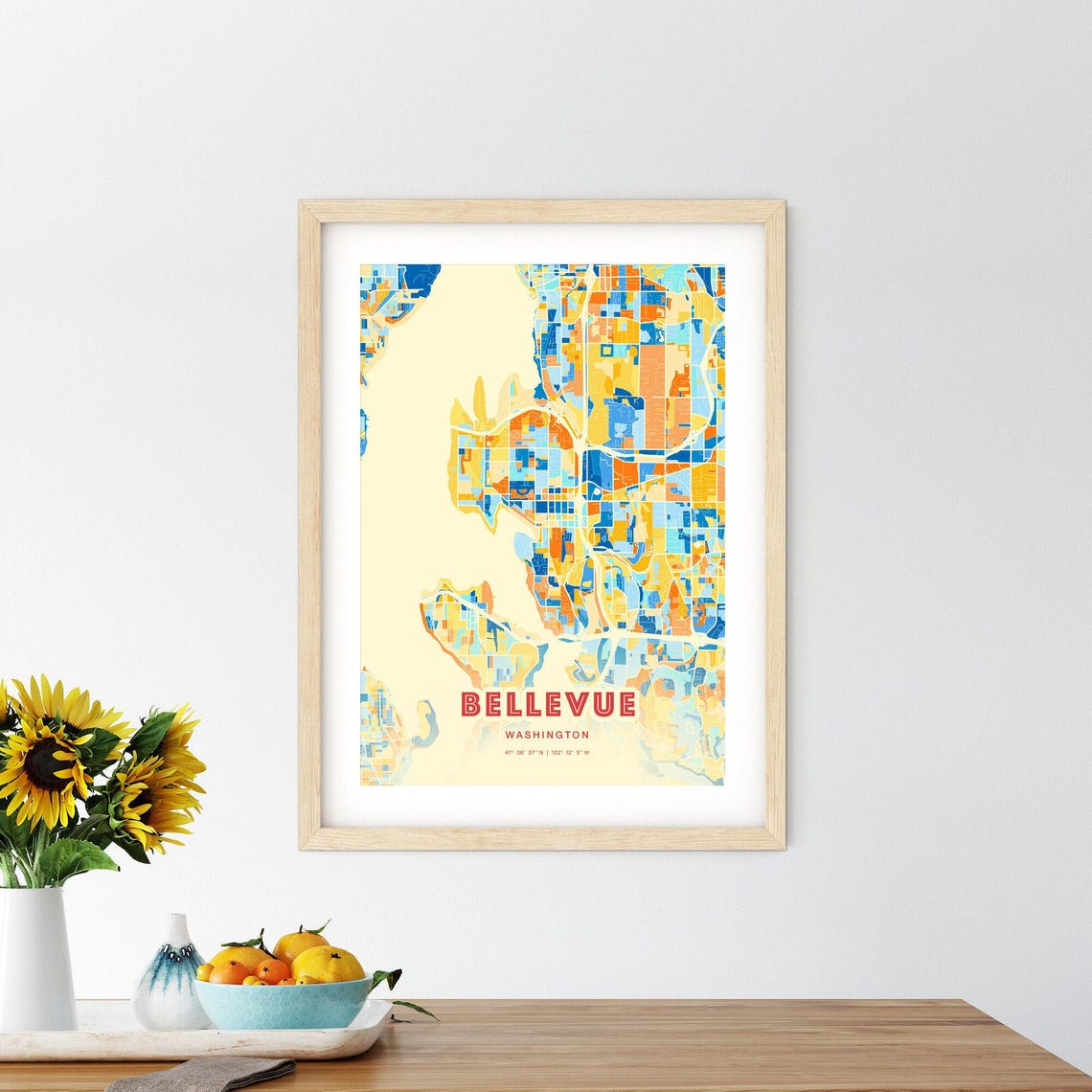 Bellevue Washington Blue Orange Lakeside City Map Art Poster - Image 2