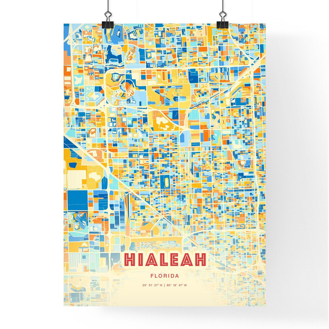 Hialeah Florida Colorful Blue Orange City Street Map Coordinates Poster - Image 3