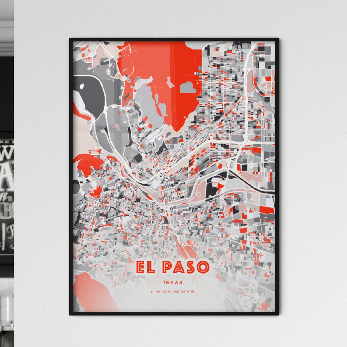 El Paso Texas Expressive Red and Black City Map Artwork Poster