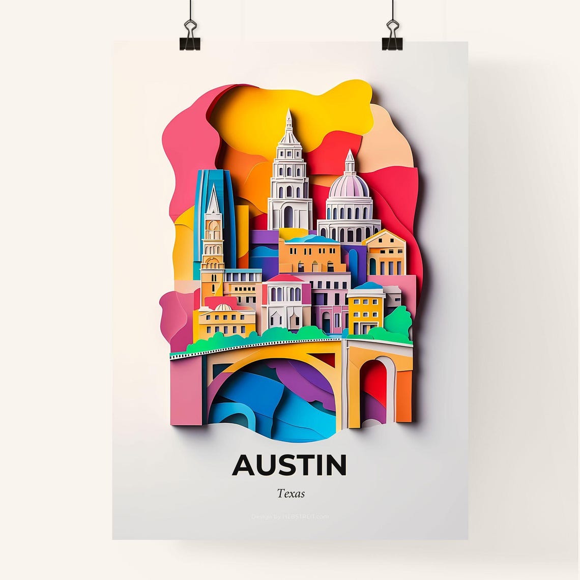 Austin Texas Colorful Paper Cut Downtown Bridge Travel Poster - Image 4