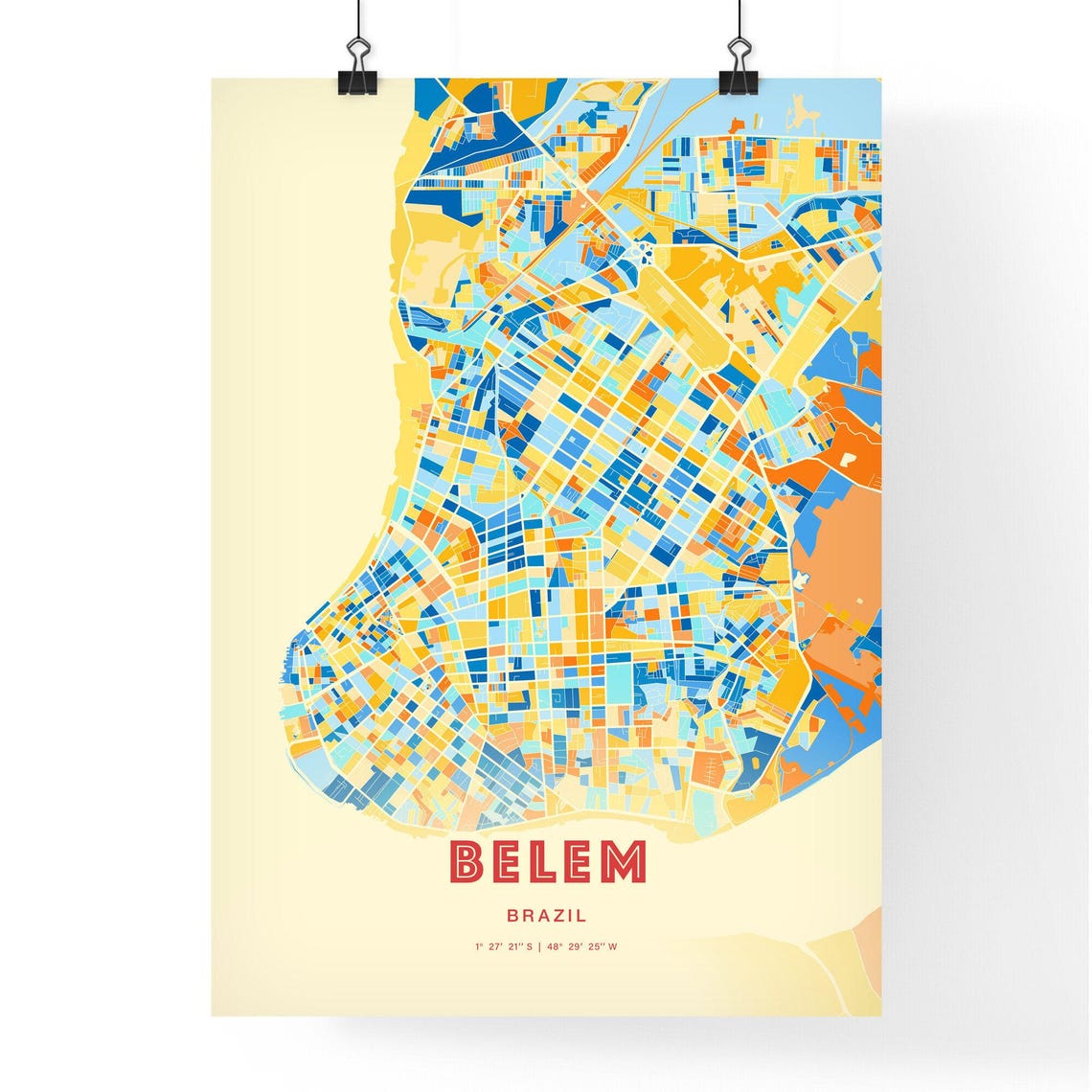 Belem Brazil Colorful Blue Orange City Map Art Poster with Coordinates - Image 3