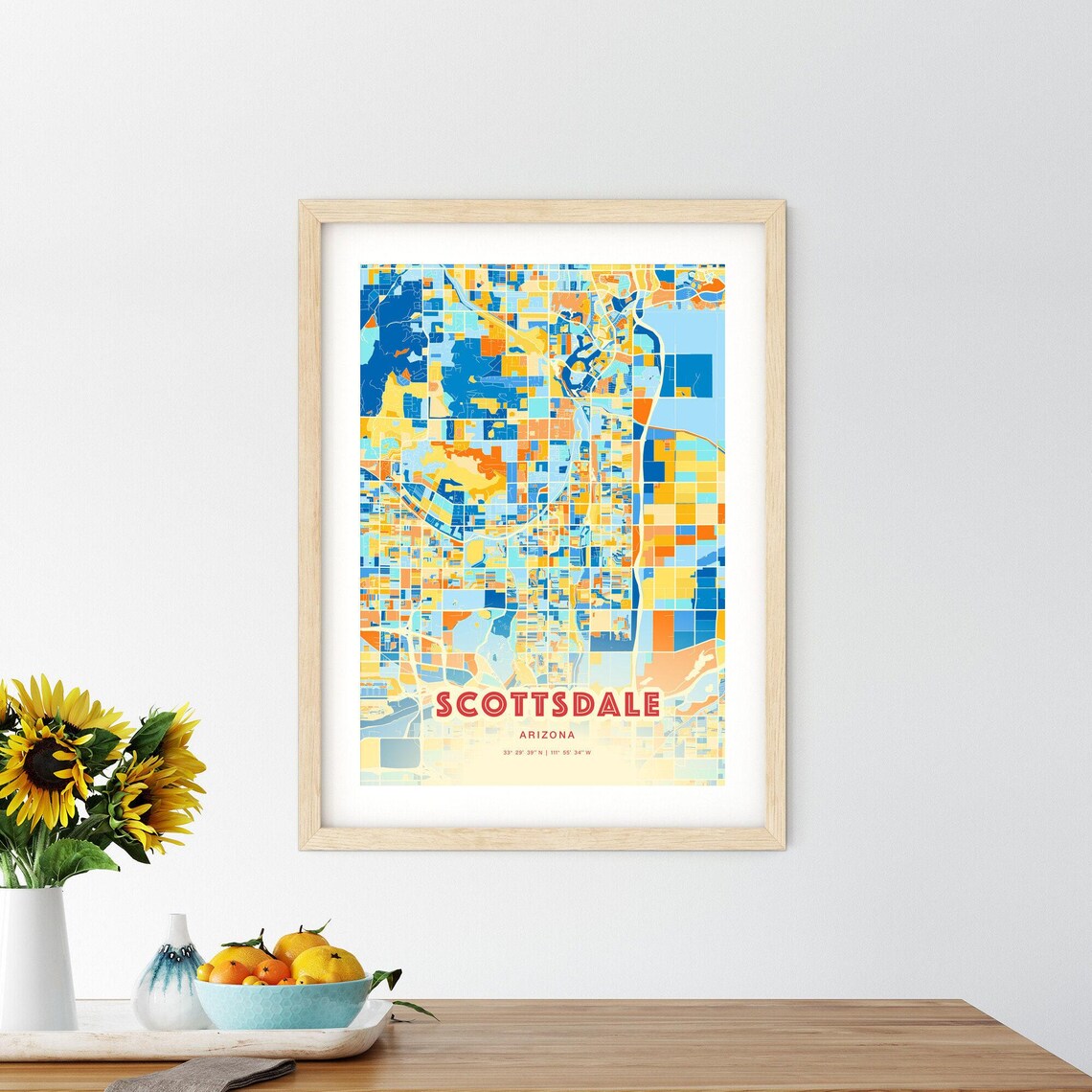 Scottsdale Arizona Bold City Map Art Poster in Orange Blue and Cream - Image 2
