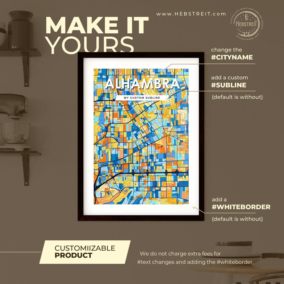 Alhambra California Vibrant Colorful Illustrated Street Map Art Poster - Image 2