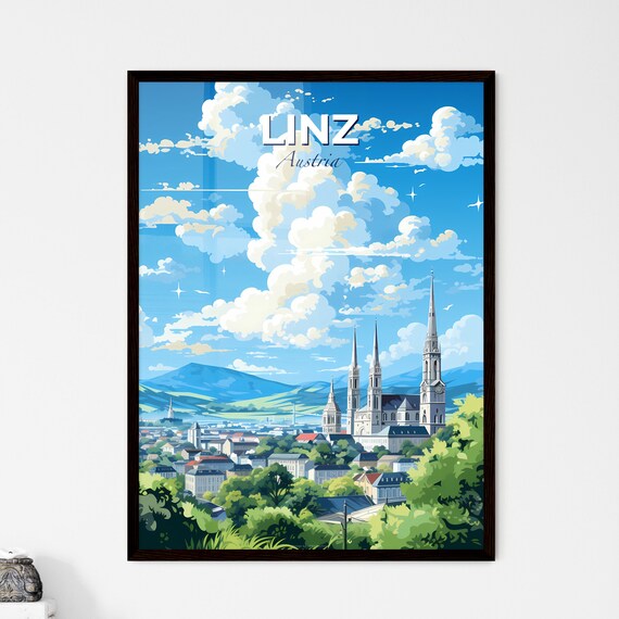 Linz Austria Cathedral Spires Mountain View Scenic Travel Poster