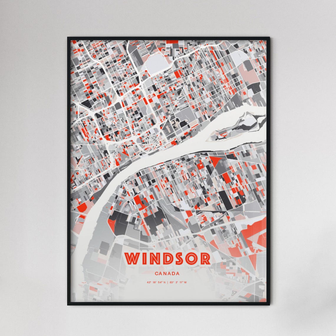 Windsor Canada Modern Red Expressive City Map Poster with Coordinates
