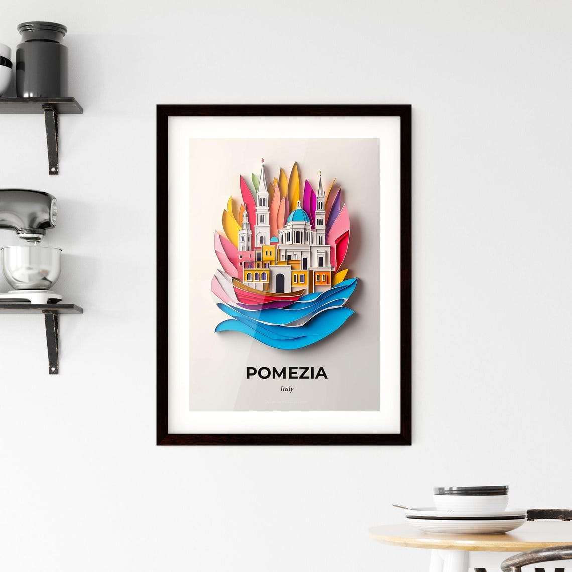 Pomezia Italy Colorful Paper Cut Blue Dome Church Travel Poster - Image 2