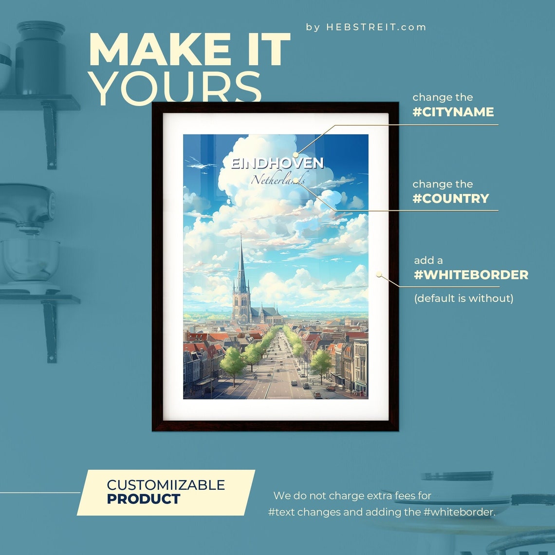 Eindhoven Netherlands Church Spire Street Blue Sky Travel Poster - Image 2