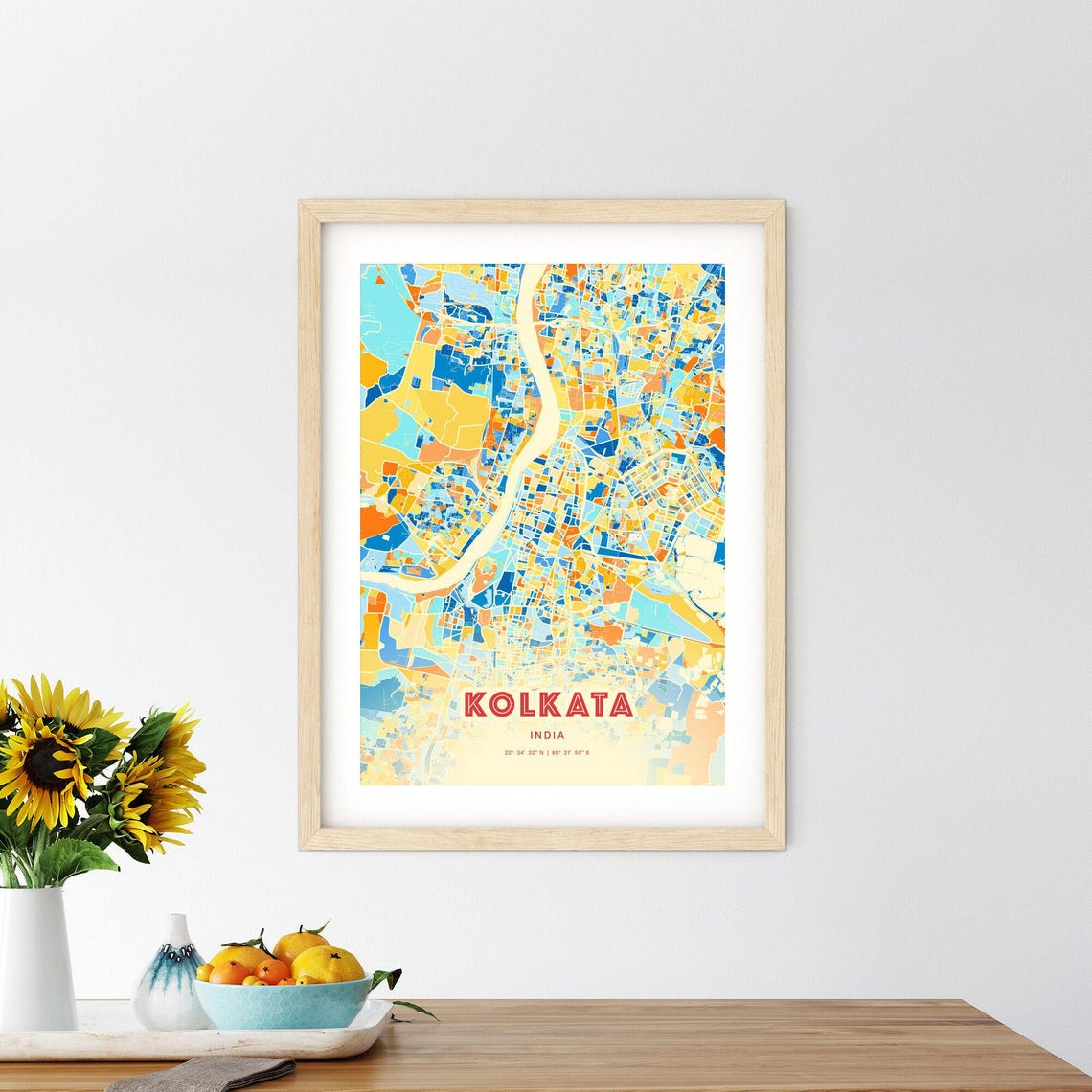 Kolkata India Bold Vibrant Blue Orange Mosaic City Map Poster - Image 2