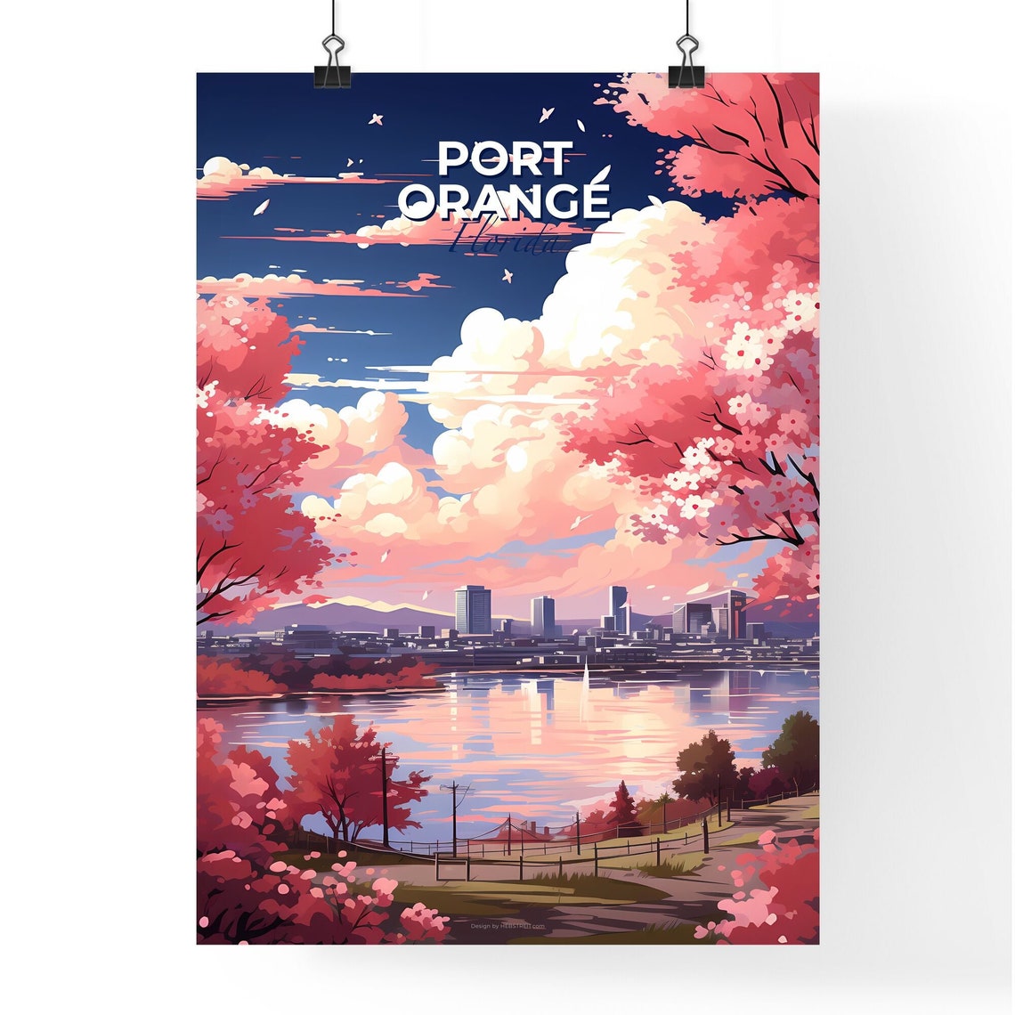Port Orange Florida Cherry Blossom Lake Skyline Travel Poster - Image 4