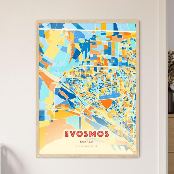 Evosmos Greece Colorful City Map Poster Blue Orange Unique Wall Decor