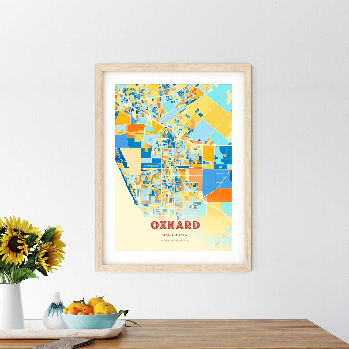 Oxnard California Vibrant Blue and Orange City Map Art Poster - Image 2