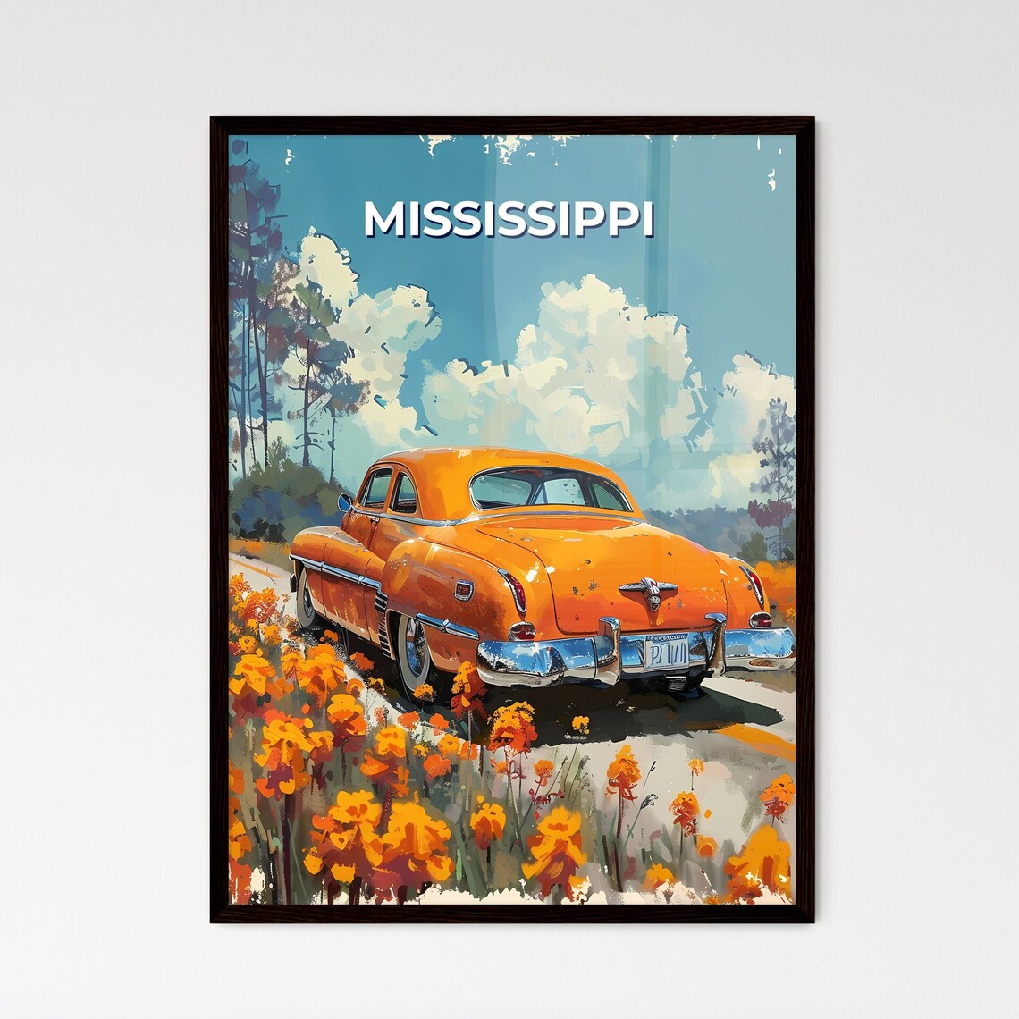 Mississippi Orange Vintage Car Wildflowers Road Trip Art Poster