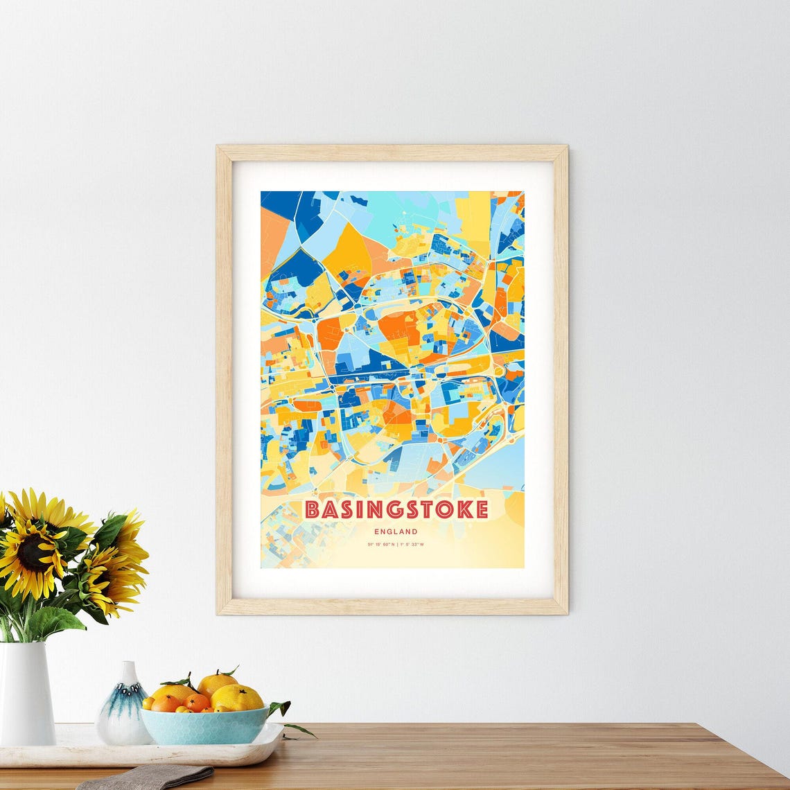 Basingstoke England Vibrant Blue Orange Mosaic City Map Poster - Image 2