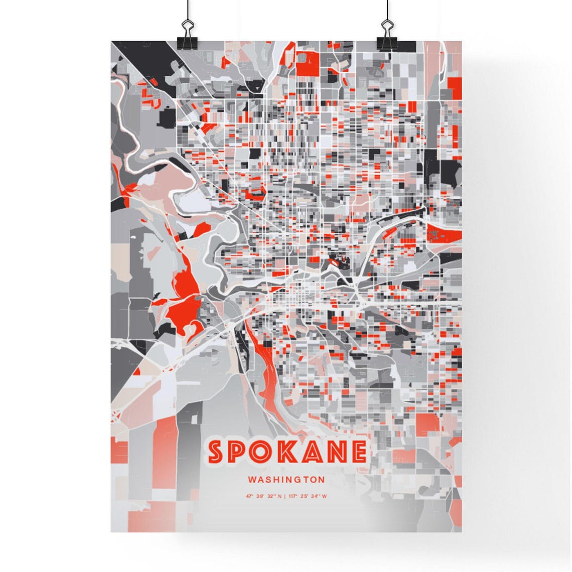 Spokane Washington City Map Art Modern Red Gray Coordinate Poster - Image 3