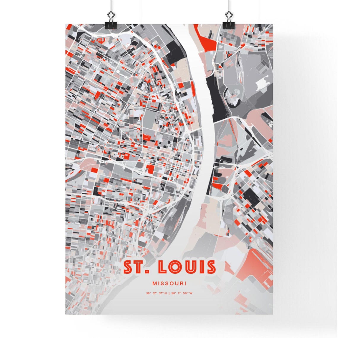 St Louis Missouri Modern Expressive Red Gray City Map Art Poster - Image 3