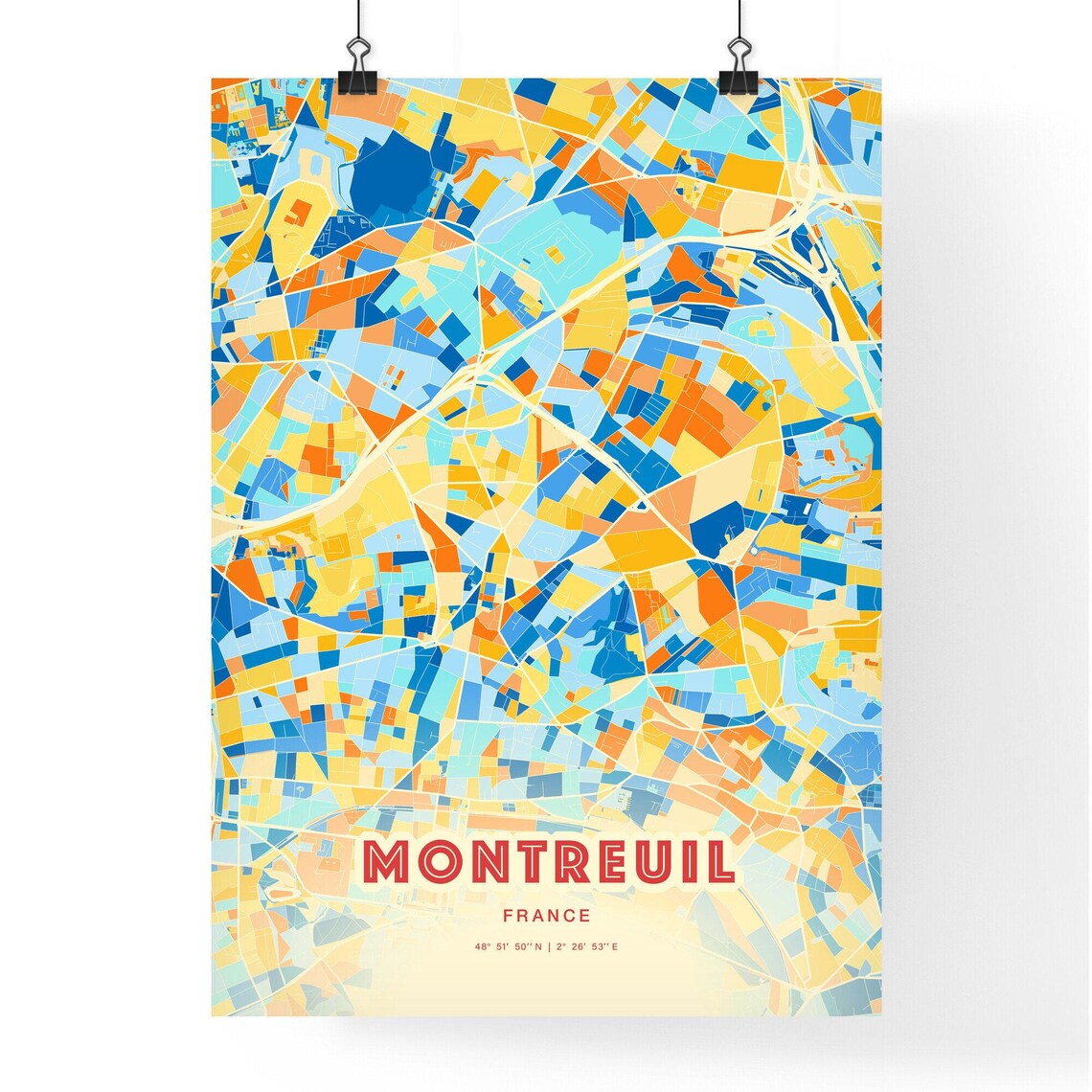 Colorful Blue and Orange Montreuil France Street Map Art City Poster - Image 3