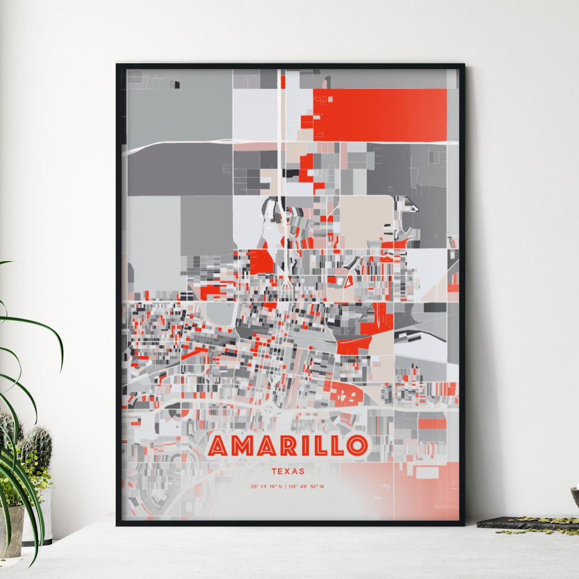 Amarillo Texas City Map Art Modern Red Gray Coordinate Poster