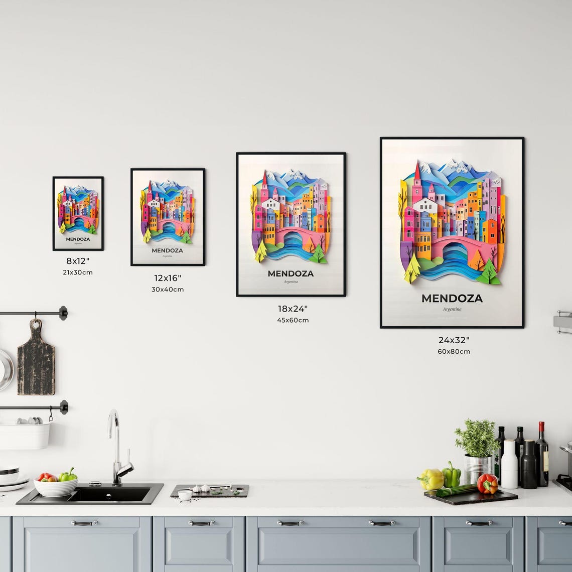Mendoza Argentina 3D Paper Cut Mountain Town River Bridge Poster - Image 3