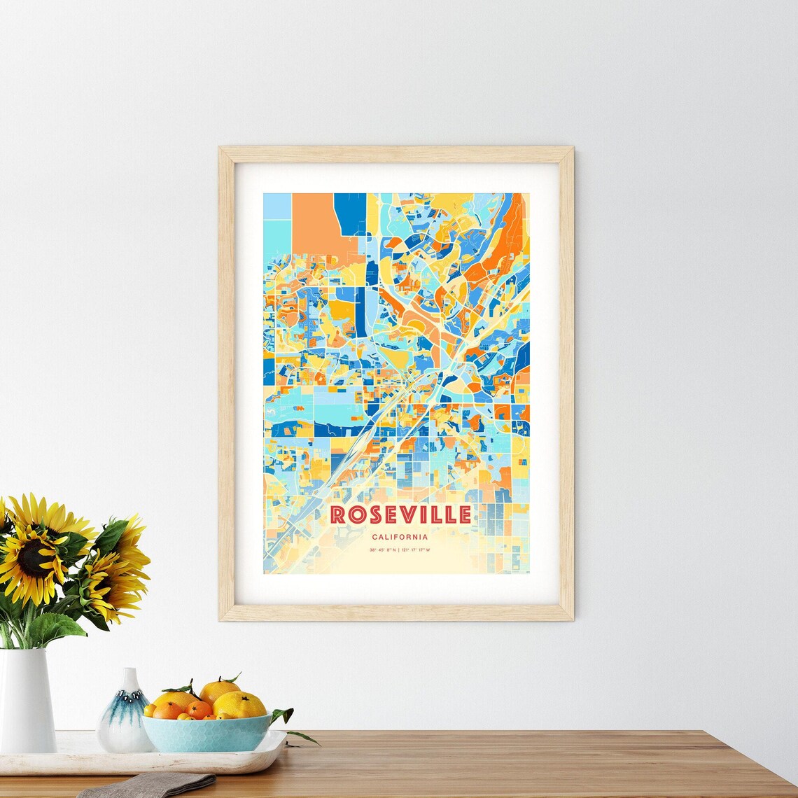 Roseville California City Map Art Poster Blue Orange Street Style - Image 2