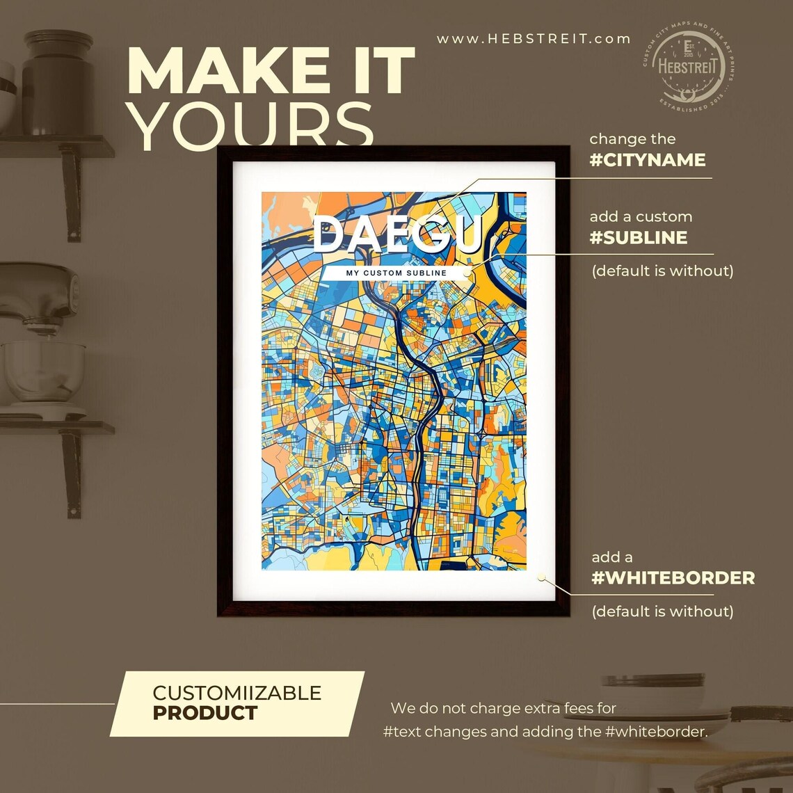 Daegu South Korea Stylish Vibrant Blue and Orange Mosaic City Map Poster - Image 2