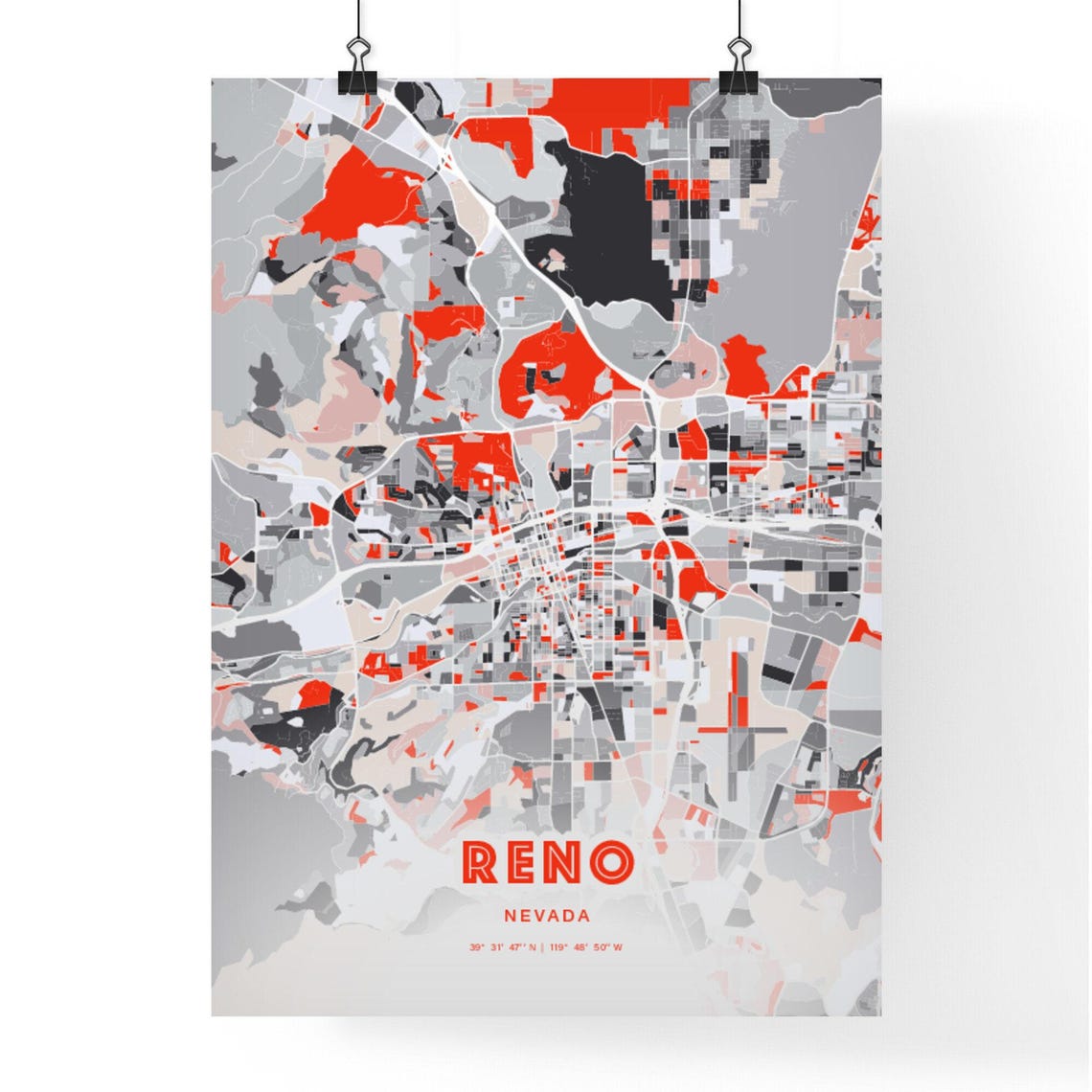 Reno Nevada Bold Red and Gray Modern Abstract City Map Poster - Image 3