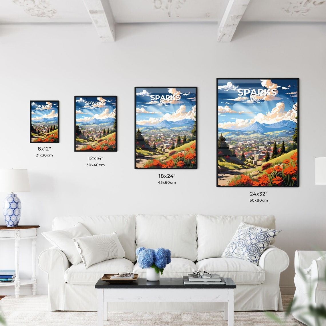 Sparks Nevada Town Beneath Blue Mountains Poppy Flowers Poster - Image 3