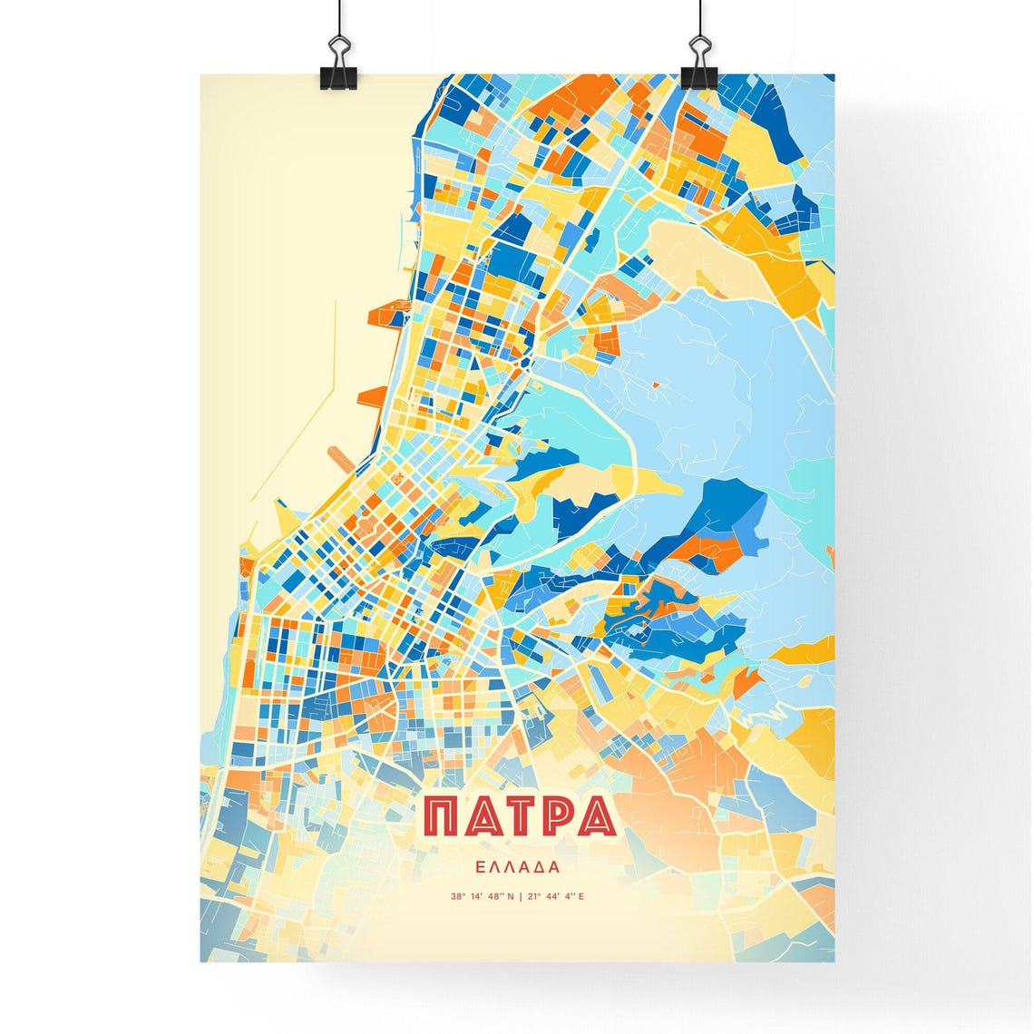 Patras Greece Coastal Modern Colorful City Map Blue Orange Poster - Image 3