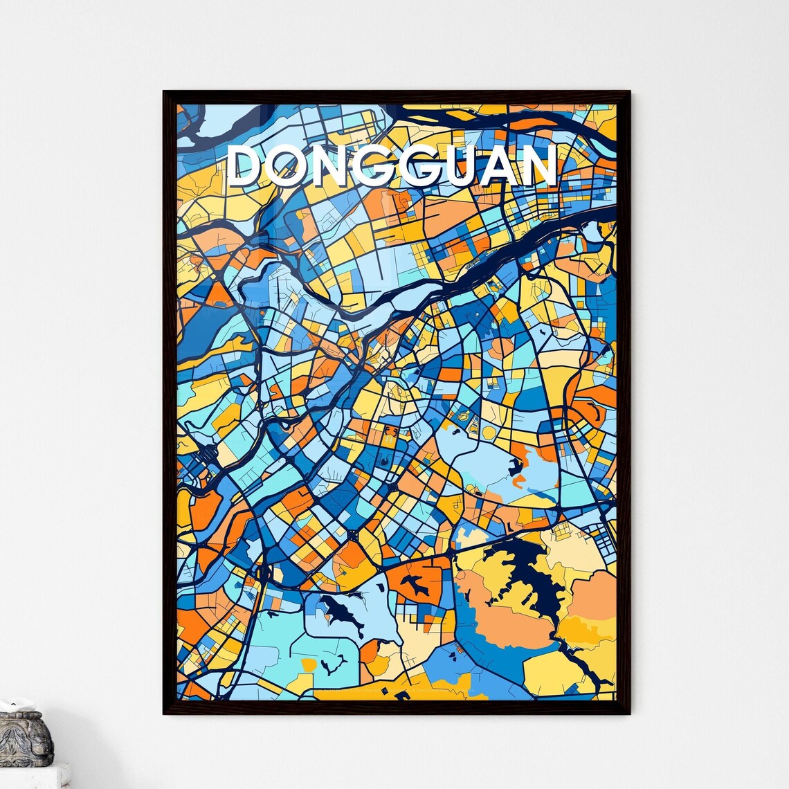 Dongguan China Bold City Map Art Poster in Navy Orange and Yellow