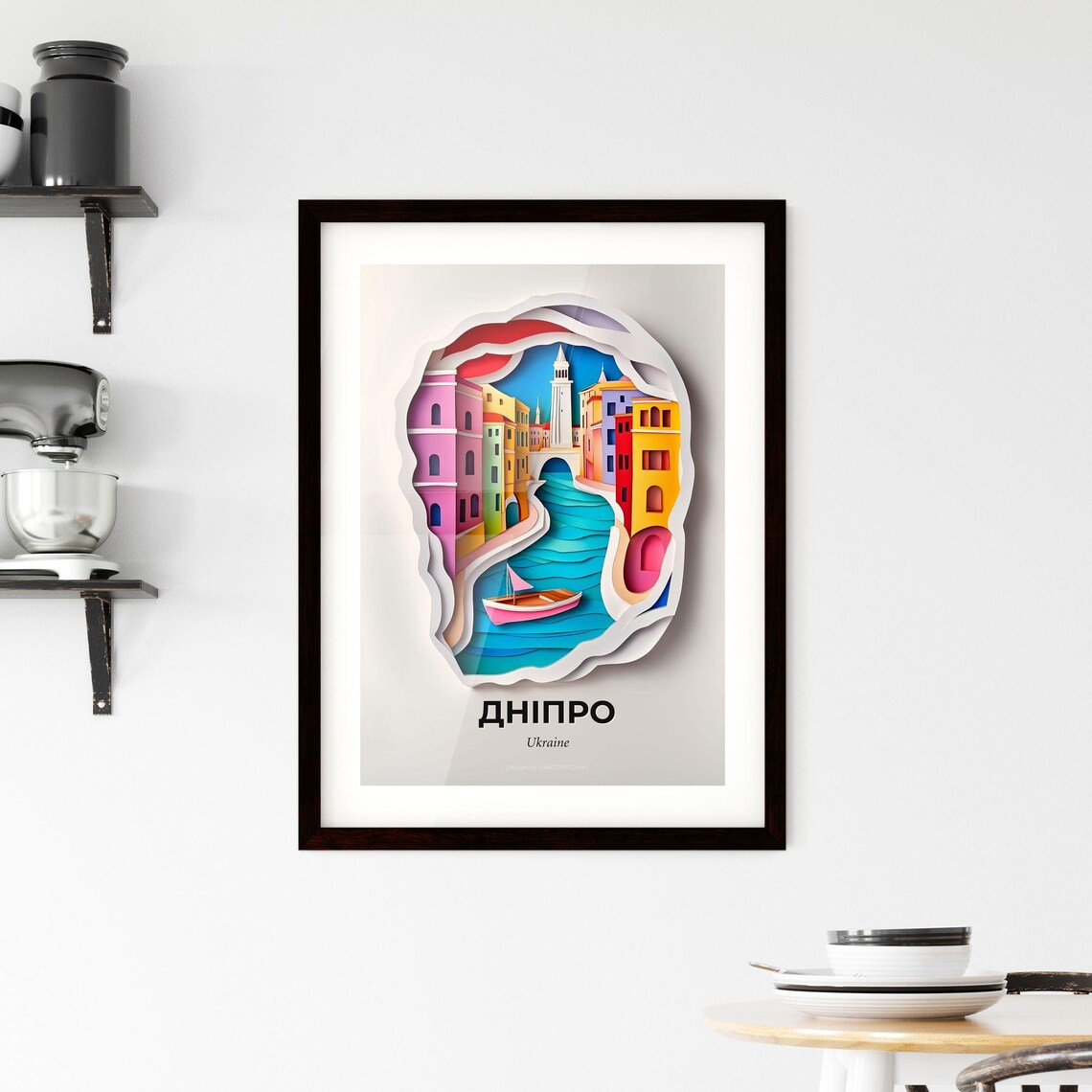 Dnipro Ukraine Vibrant Colorful Canal Boat Paper Cut Travel Poster - Image 2