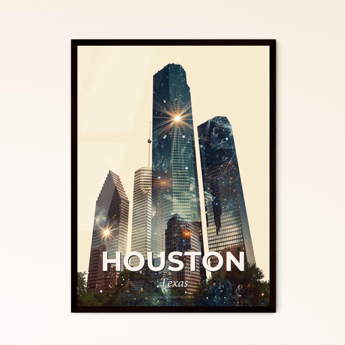 Houston Texas Downtown Skyscrapers Sunburst Skyline Art Poster