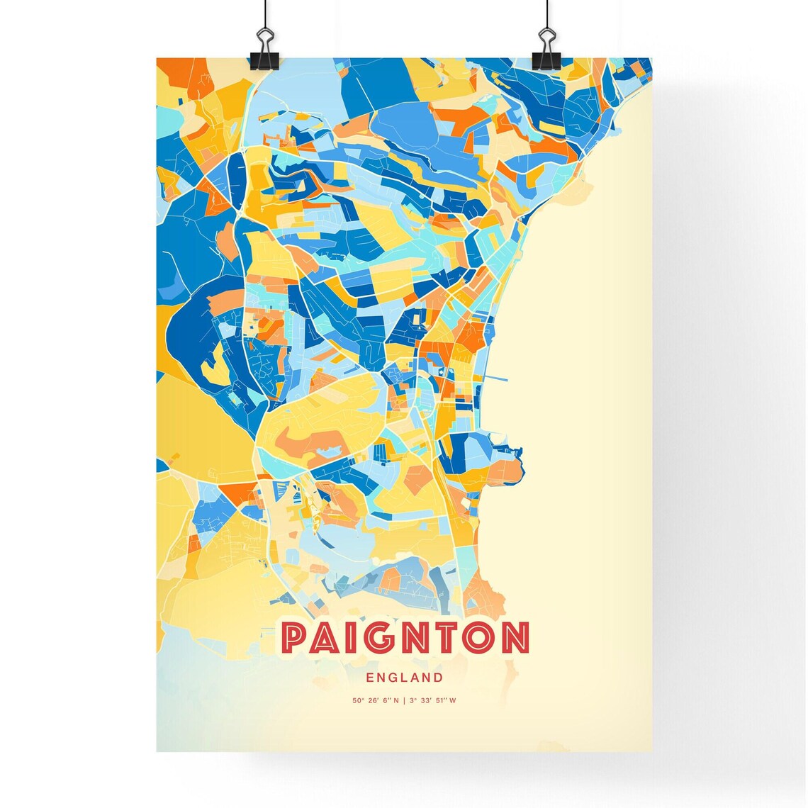 Paignton England Colorful Blue and Orange Retro City Street Map Wall Art - Image 3