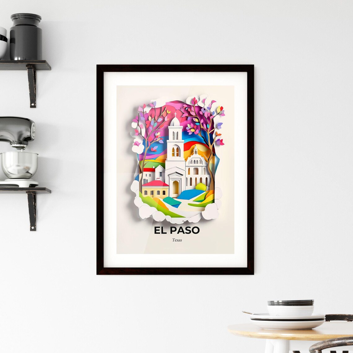 El Paso Texas Colorful Paper Cut Church and Flowering Trees Poster - Image 2
