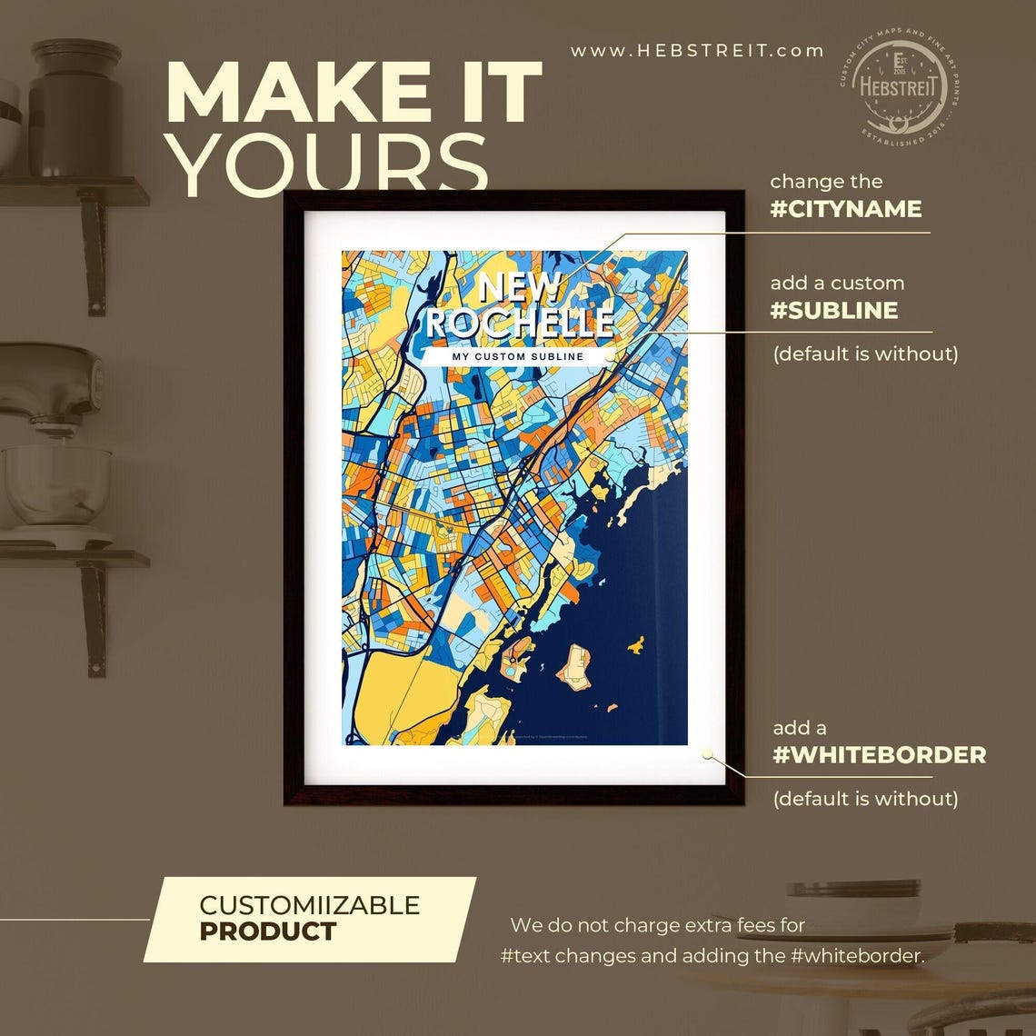 New Rochelle New York Vibrant Blue and Orange City Map Poster - Image 2