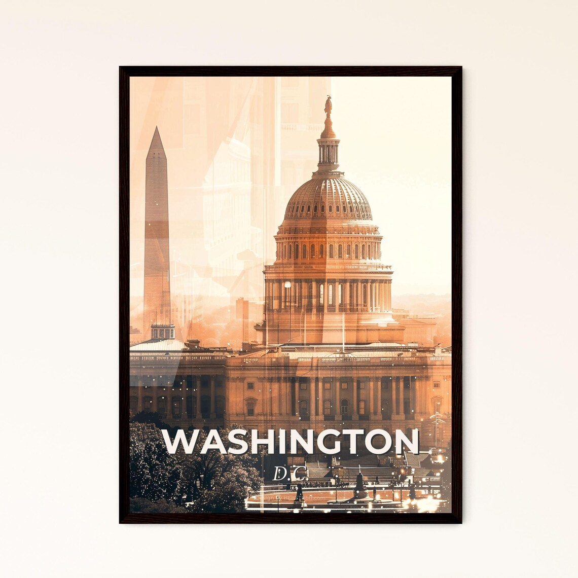 Washington DC Capitol and Monument Golden Historic Cityscape Poster