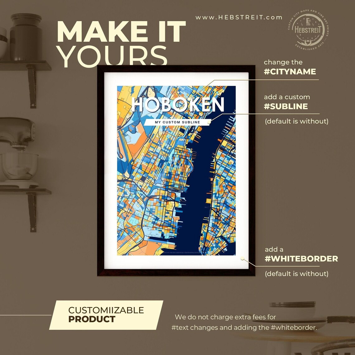 Hoboken New Jersey City Map Blue Orange Modern Cartography Poster - Image 2