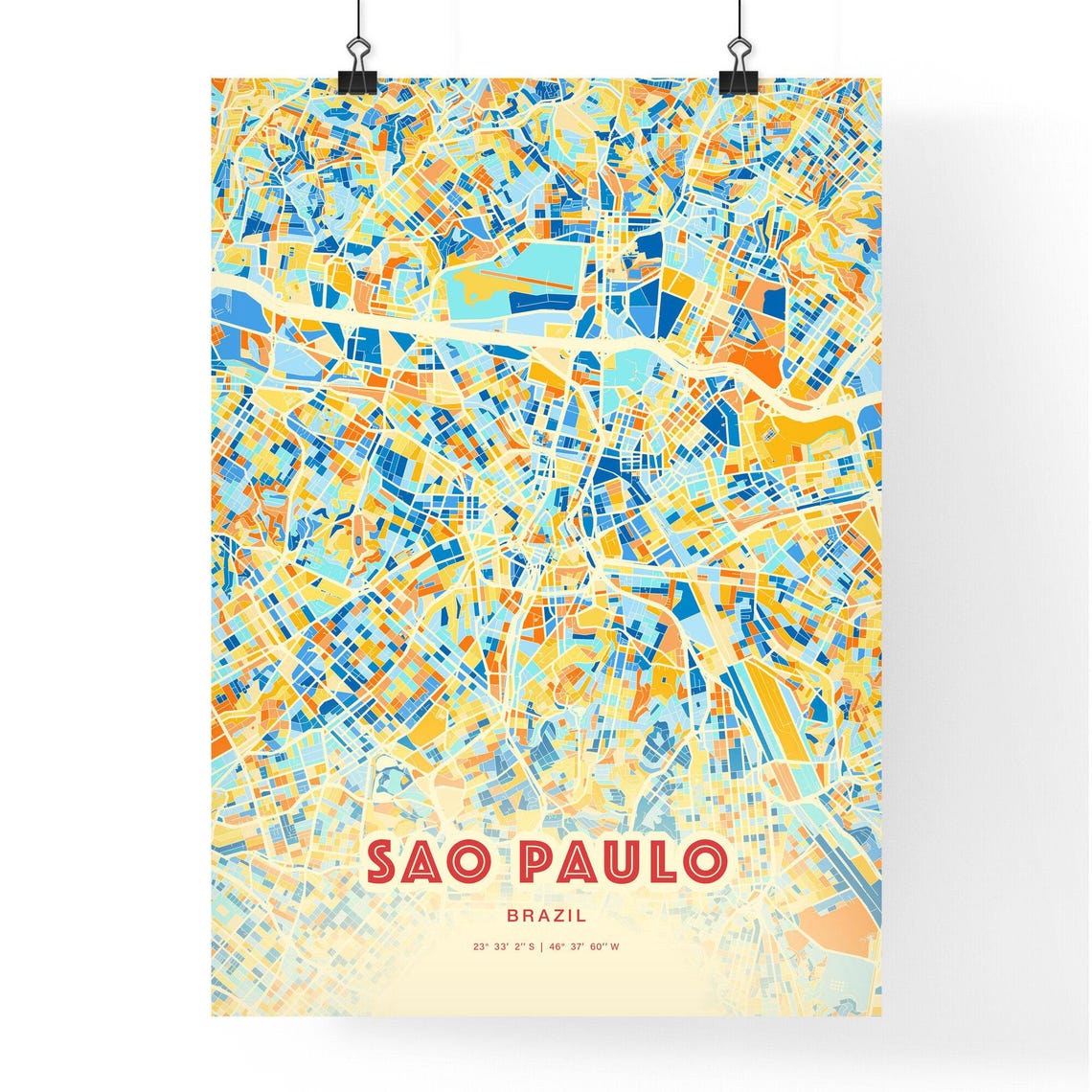 Sao Paulo Brazil City Map Art Poster Blue Orange Street Style - Image 3