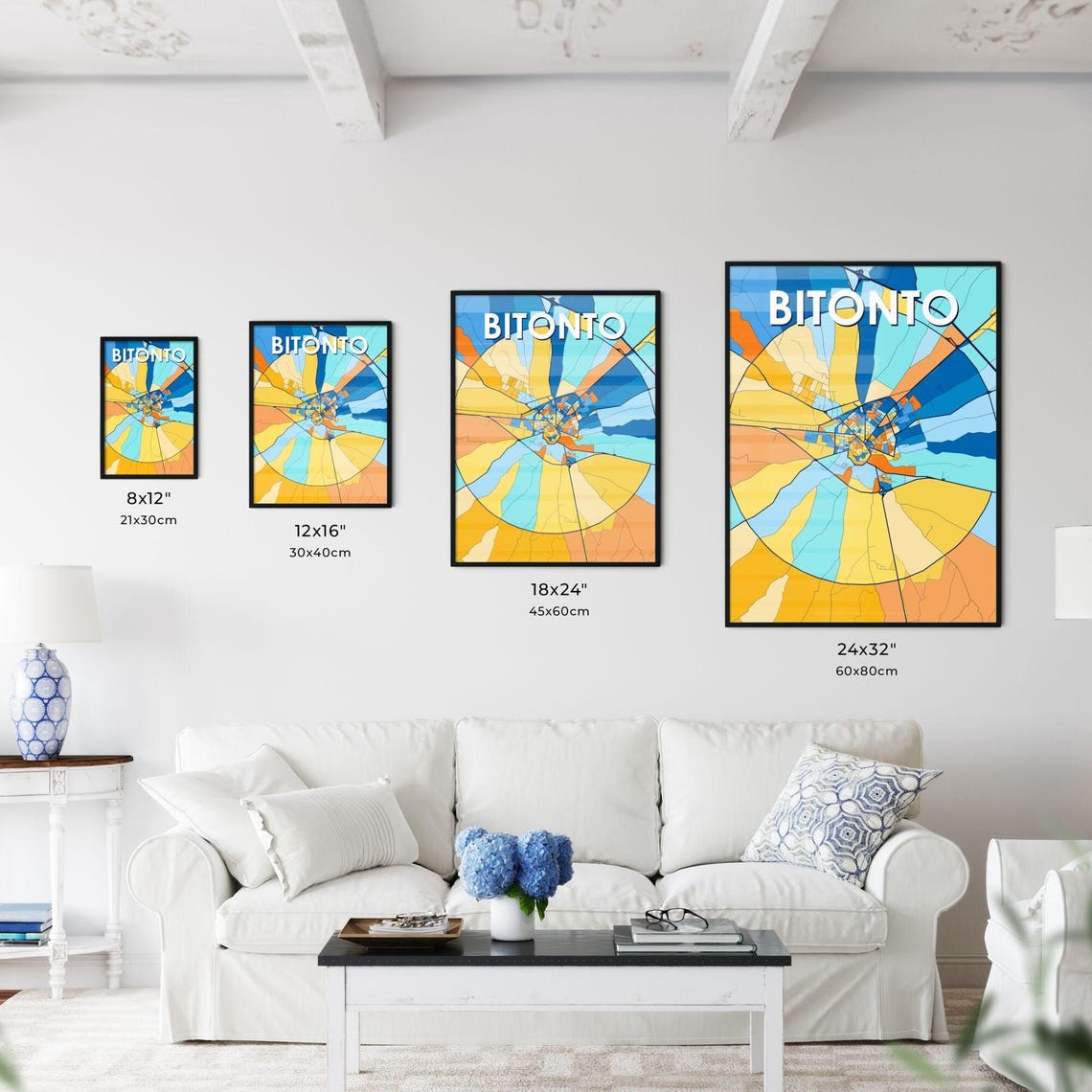 Bitonto Italy Bold Geometric City Map Art Poster in Blue and Orange - Image 3