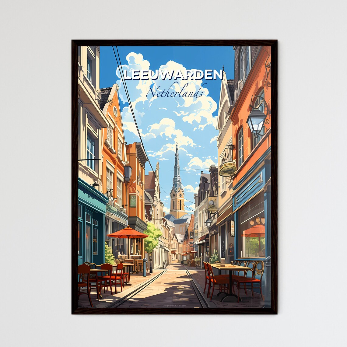 Leeuwarden Netherlands Cafe Street Church Tower Vintage Travel Poster