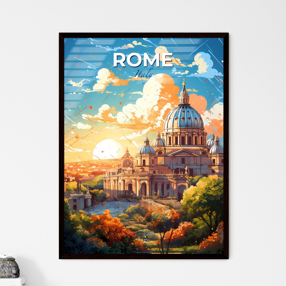 Rome Italy Sunset Domed Cathedral Skyline Vintage Travel Poster