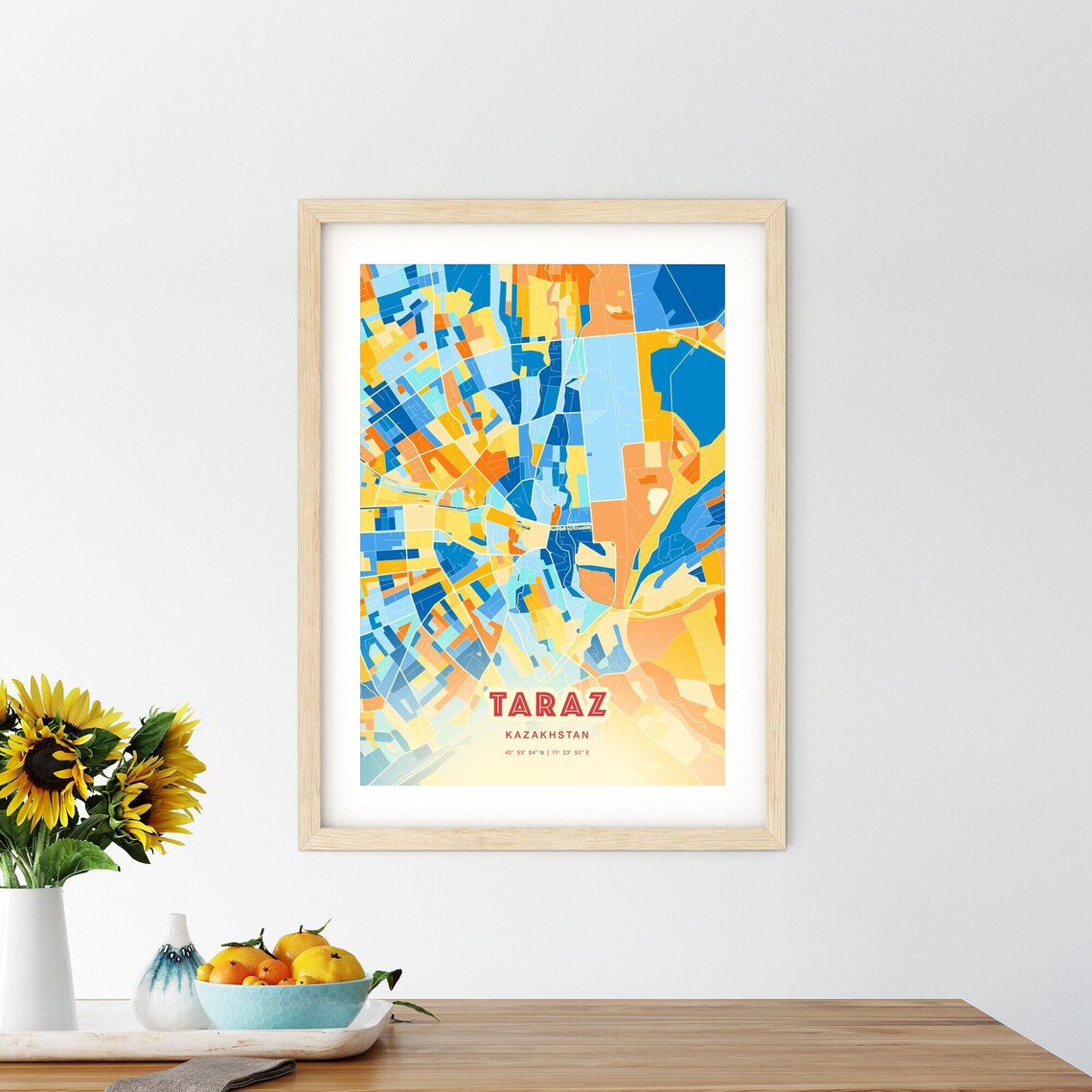 Taraz Kazakhstan Blue Orange Colorful City Map Art Poster With Coordinates - Image 2