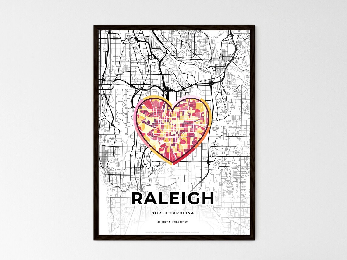 Raleigh North Carolina Minimal Map Art With Colorful Heart Icon Poster