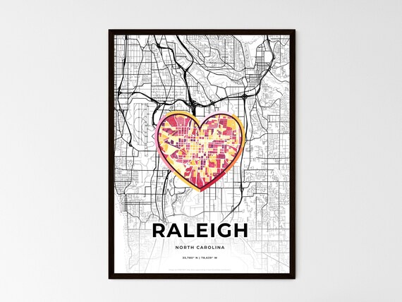Raleigh North Carolina Minimal Map Art With Colorful Heart Icon Poster