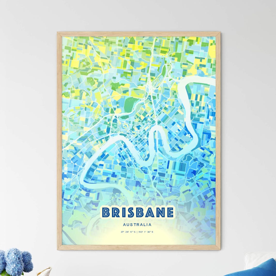 Brisbane Australia Pastel Blue City Map Art with Coordinates Poster