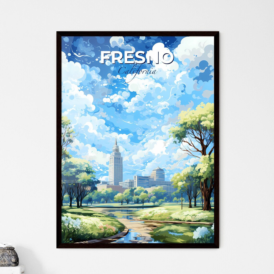 Fresno California Park Tower Pond City Skyline Travel Art Poster